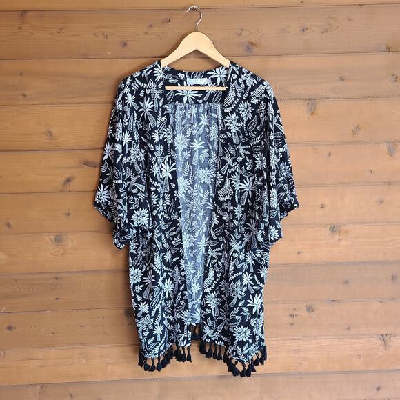 Anthropologie Seafolly Black WhiteFloral Tassle Open Front Kimono Cover Up Small - Picture 1 of 6